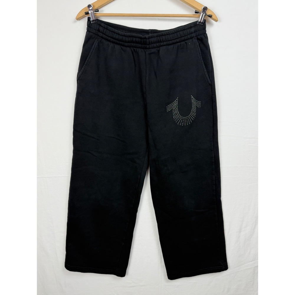 True Religion Women Sweatpants Small Black Rhinestone Logo Wide Leg Crop Joggers